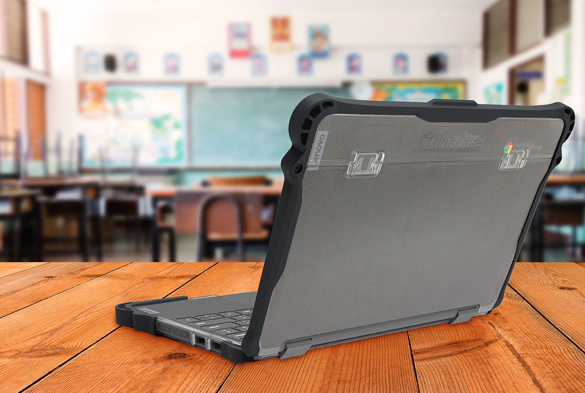 InfoCase PermaLock XP installed on a student device sitting in a classroom
